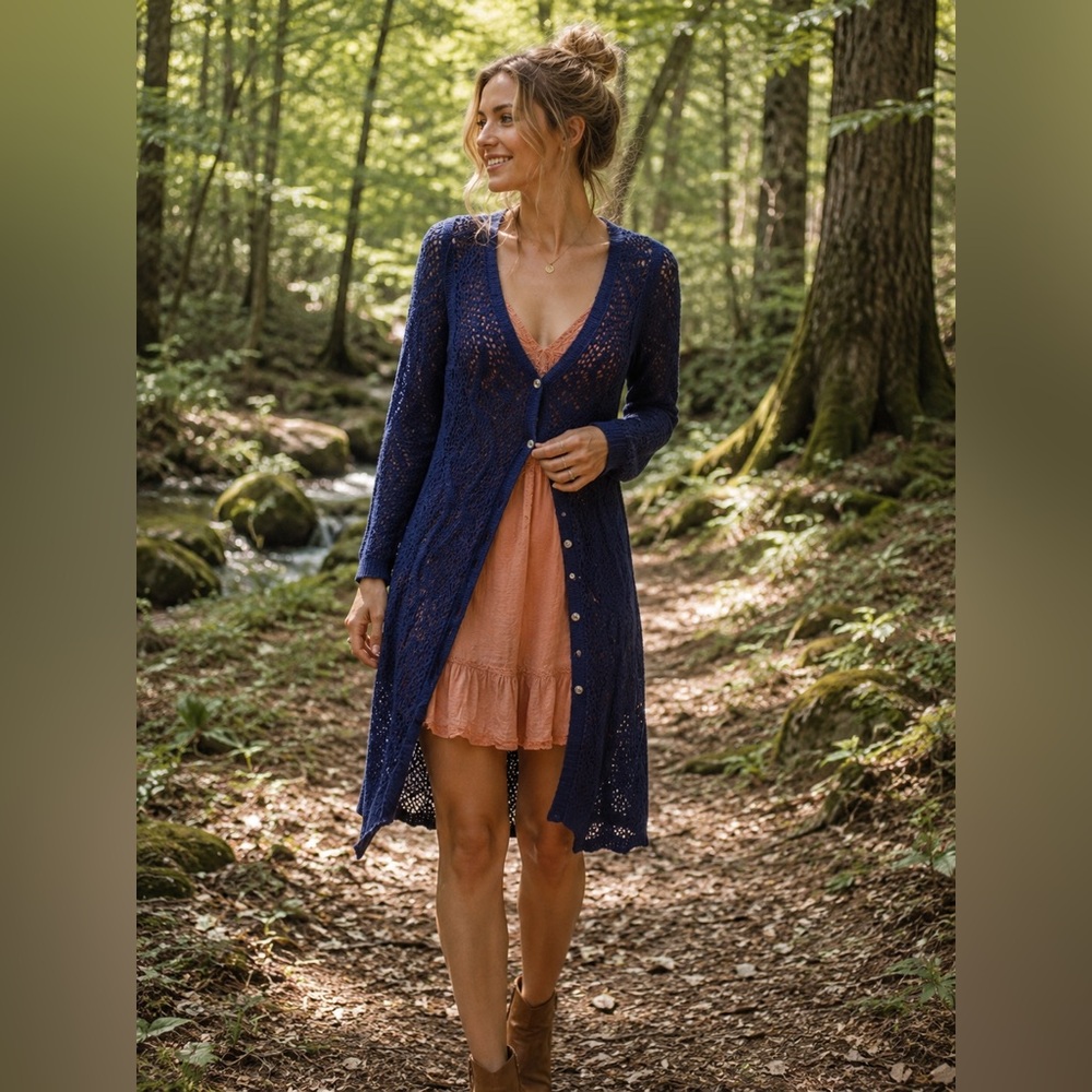 Free People Navy Crochet Button-Front Long Sleeve Dress